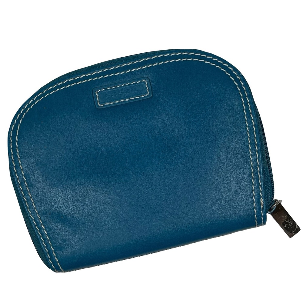 Fossil Jewelry Organizer Travel Case Teal Blue Leather Contrast Stitch Zip Pouch